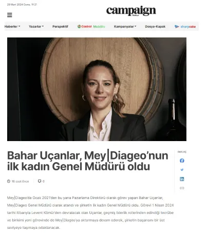 Campaign.tr / Bahar Ucanlar has become the first female General Manager of Mey|Diageo